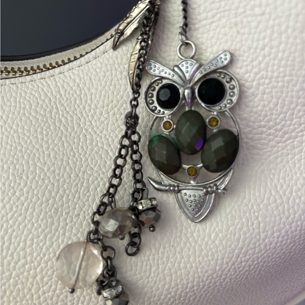 Silver Owl with feathers and beads bag charm